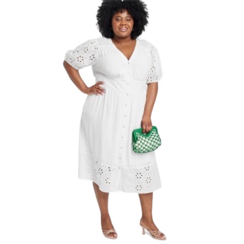 Knox Rose White Midi Dress 4X Button Up V-Neck Eyelet Pockets Short Sleeve NWT